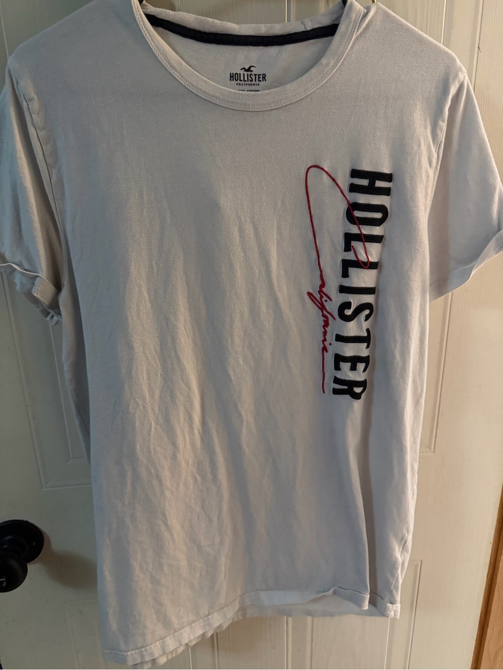 Hollister White Short-Sleeve Crew with Black & Red Logo